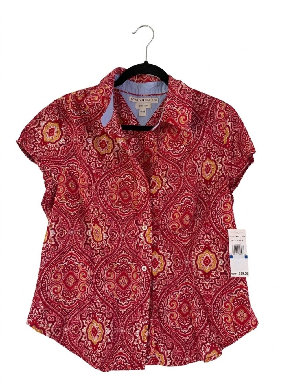 Vintage Tommy Hilfiger Women’s Y2K Red Paisley Short Sleeve Button Up Shirt XL